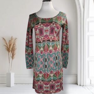 Custo Barcelona Lurex Knit Mini Dress Size S Long Sleeve Boho Geometric Colorful